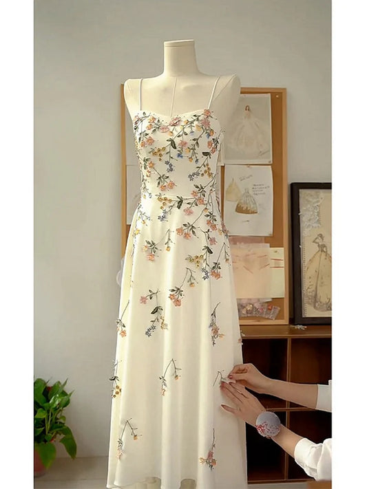 Vintage Beige Spaghetti Strap Floral Applique Design Elegant A-Line Evening Dress Prom Dress TP4107