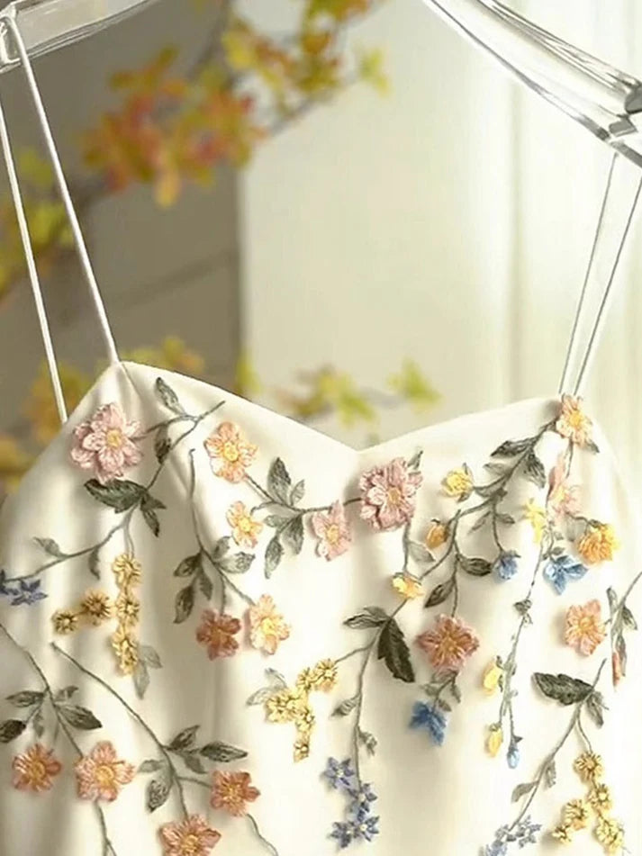 Vintage Beige Spaghetti Strap Floral Applique Design Elegant A-Line Evening Dress Prom Dress TP4107