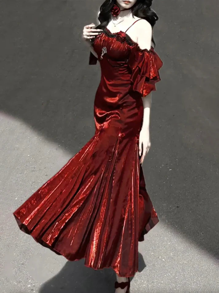 Vintage Burgundy Spaghetti Strap Mermaid Design Elegant Satin Evening Dress Prom Dress TP4109