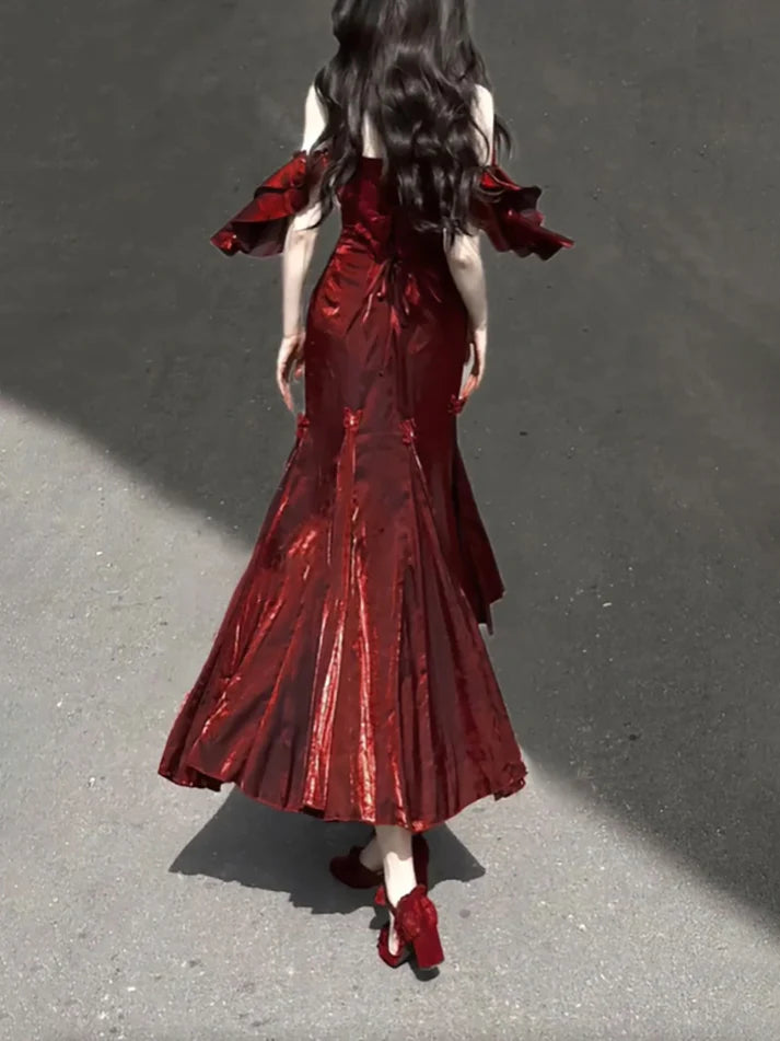 Vintage Burgundy Spaghetti Strap Mermaid Design Elegant Satin Evening Dress Prom Dress TP4109