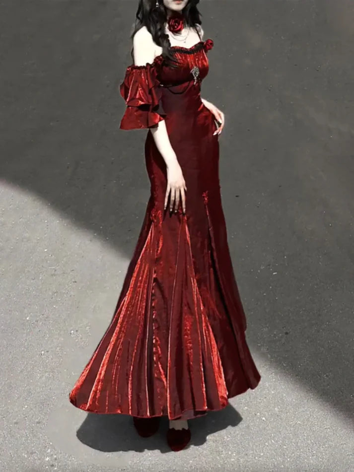 Vintage Burgundy Spaghetti Strap Mermaid Design Elegant Satin Evening Dress Prom Dress TP4109