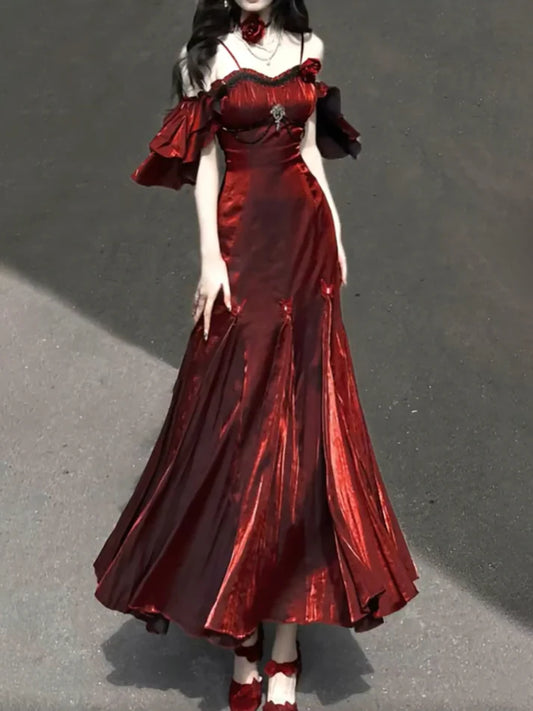 Vintage Burgundy Spaghetti Strap Mermaid Design Elegant Satin Evening Dress Prom Dress TP4109