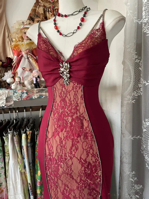 Elegant Burgundy V-neck Spaghetti Strap Lace Mermaid Prom Dress Evening Dress TP4326