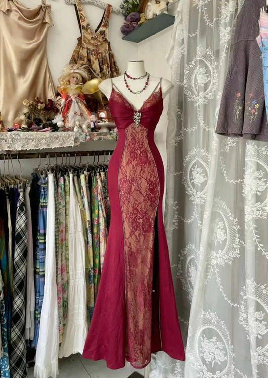 Elegant Burgundy V-neck Spaghetti Strap Lace Mermaid Prom Dress Evening Dress TP4326