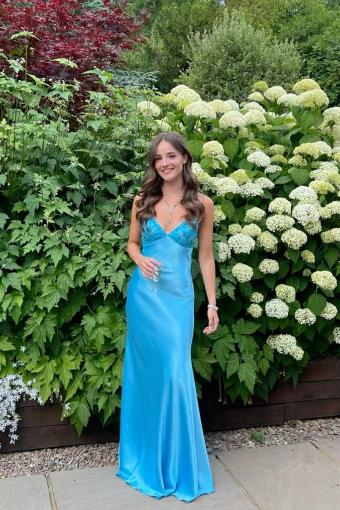 Enchanting Blue V-neck Spaghetti Strap Prom Dress Evening Dress TP4329