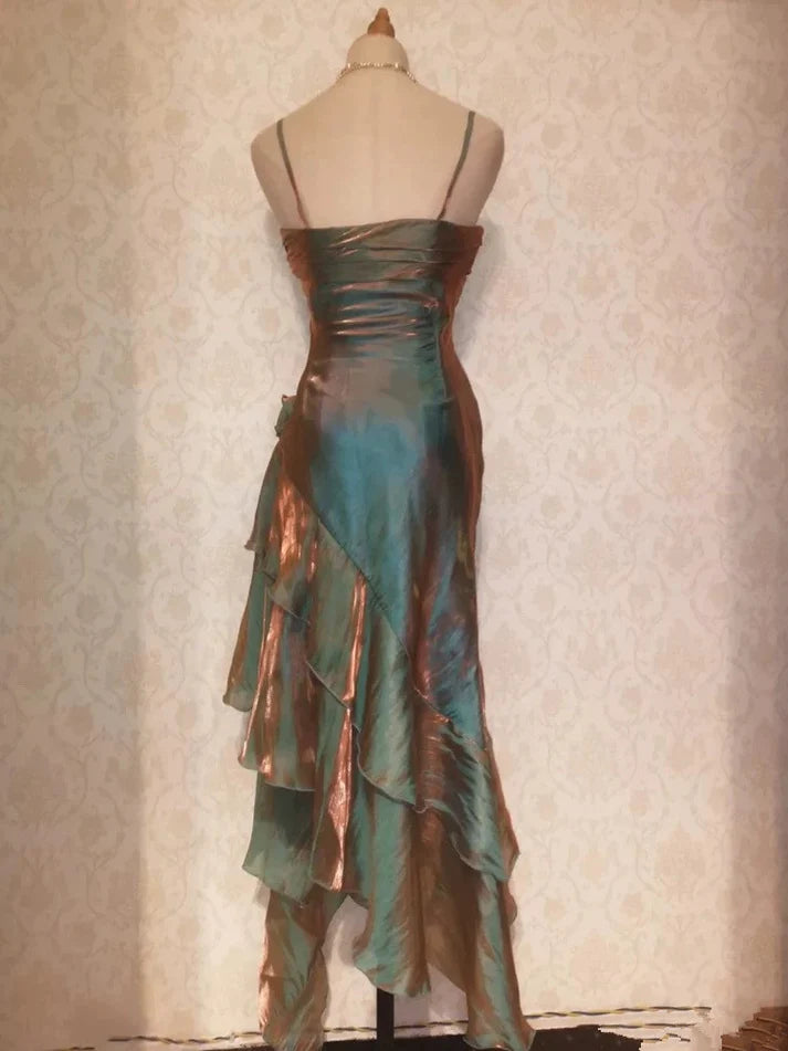 Vintage Elegant Spaghetti Strap Mermaid Ruffles Prom Dress Evening Dress TP4321