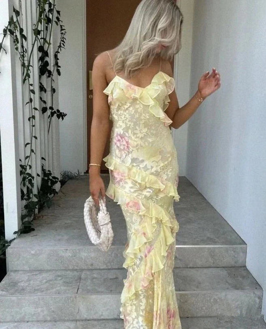 Vintage Floral Spaghetti Strap Ruffles Mermaid Chiffon Long Prom Dress Evening Dress TP4314