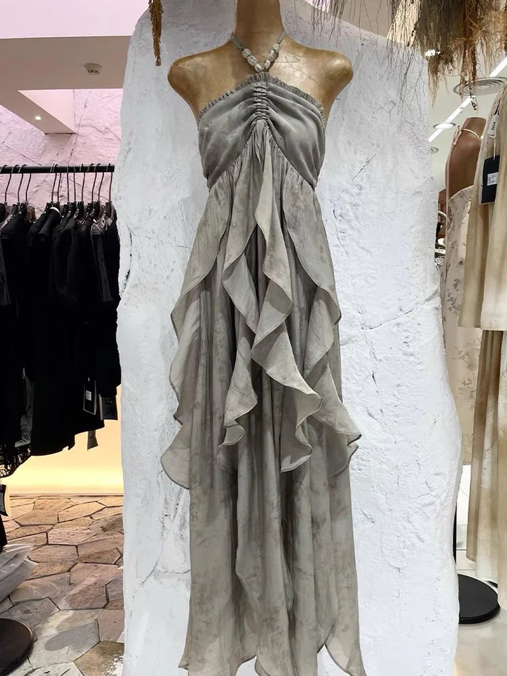 Floral Ruffle Design Halter Dress Elegant A-line Chiffon Evening Party Dress TP4113