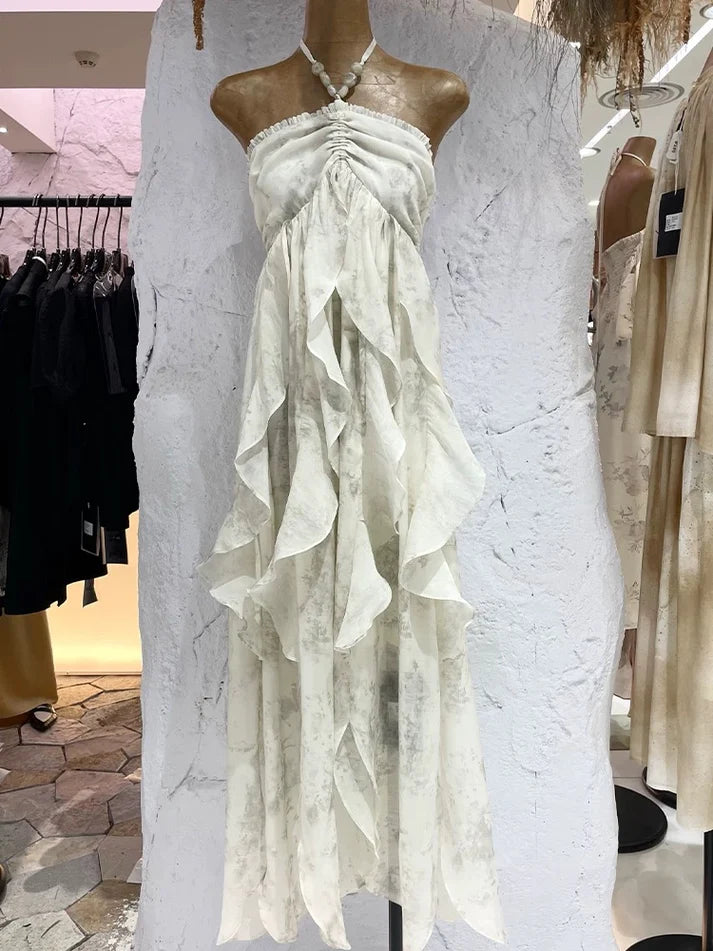 Floral Ruffle Design Halter Dress Elegant A-line Chiffon Evening Party Dress TP4113