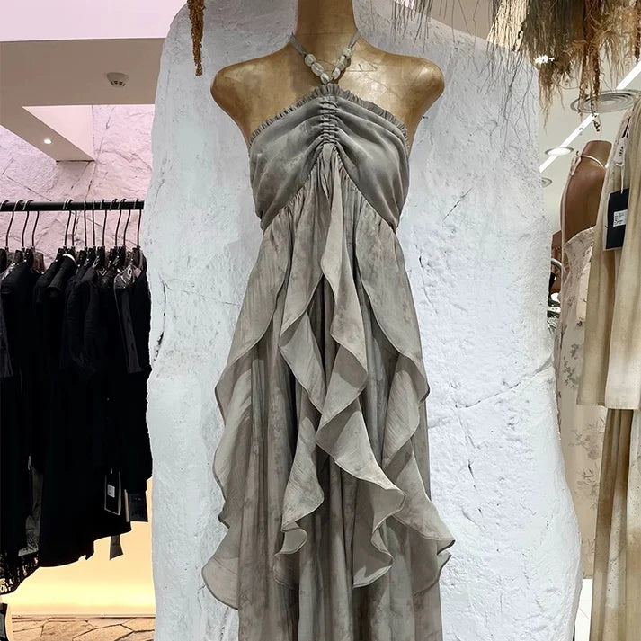 Floral Ruffle Design Halter Dress Elegant A-line Chiffon Evening Party Dress TP4113