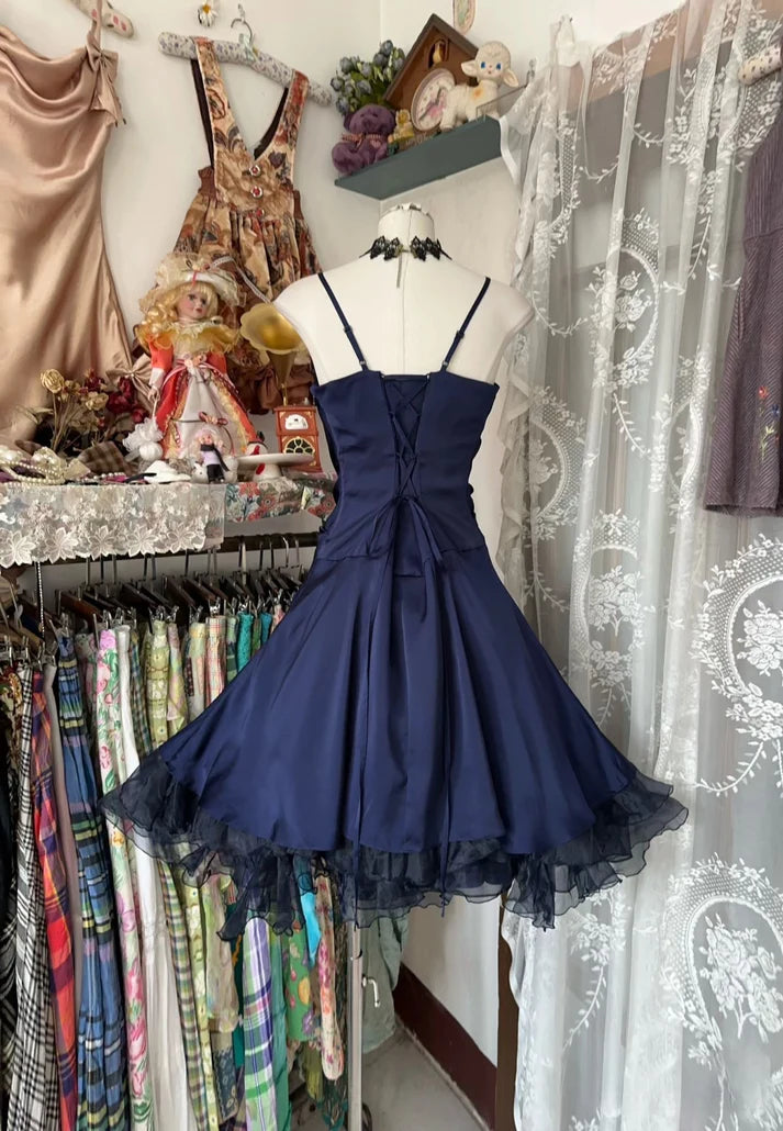 New Fashion Navy Blue Design A-line Spaghetti Strap Homecoming Dress TP3414