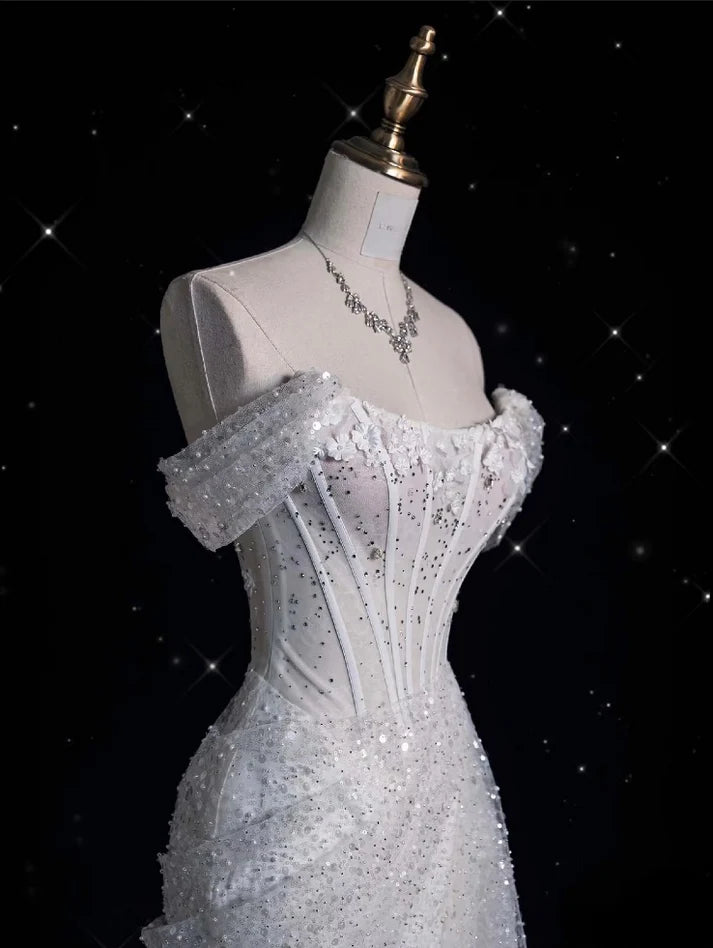 Elegant Sparkling Sequin Mermaid Design Off-the-shoulder Princess Wedding Dress TP4100