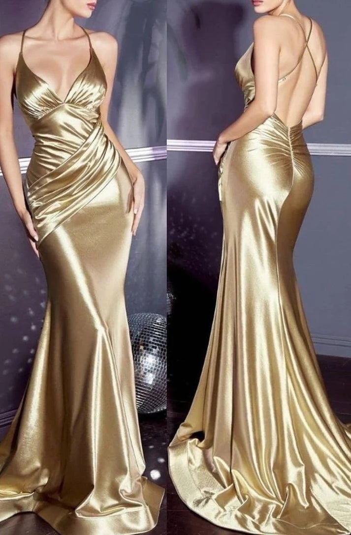 Gorgeous Golden Halter-neck Mermaid Floor-length Prom Dress Evening Dress TP4315