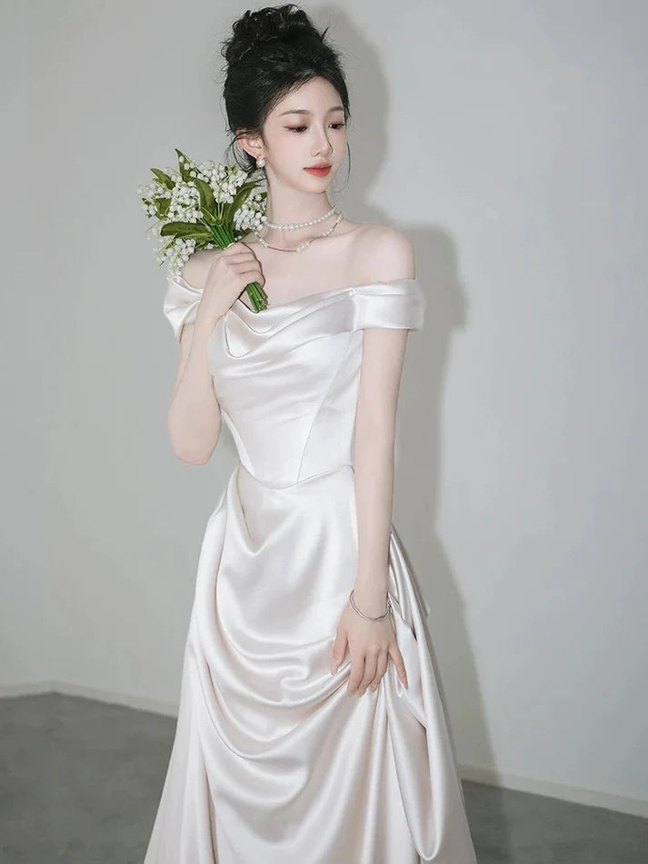 Retro Off-the-shoulder Floor Length Design Elegant Satin A-Line Wedding Dress TP4103