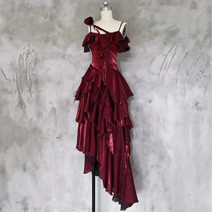 Retro Spaghetti Strap Irregular Ruffled Detachable Rose Design Elegant Satin Evening Dress Prom Dress TP4105