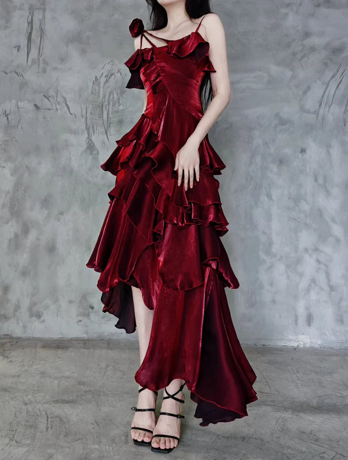 Retro Spaghetti Strap Irregular Ruffled Detachable Rose Design Elegant Satin Evening Dress Prom Dress TP4105