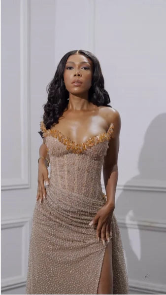 Enchanting Shiny Champagne Beaded Strapless Slit Prom Dress Evening Dress TP4330