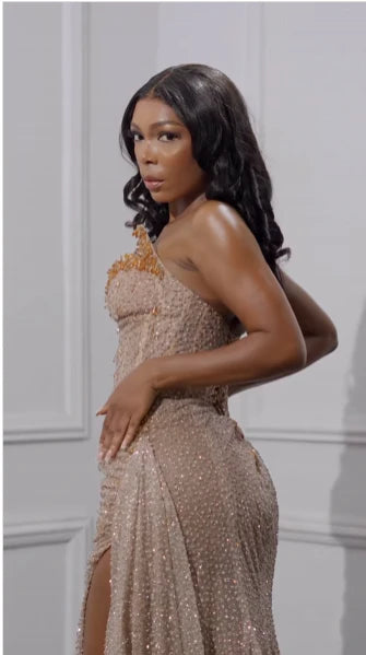 Enchanting Shiny Champagne Beaded Strapless Slit Prom Dress Evening Dress TP4330