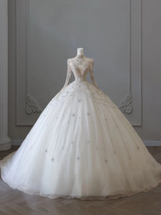 Vintage Sparkling Beaded Ball Gown Design A-Line Long-sleeved Princess Wedding Dress TP4102