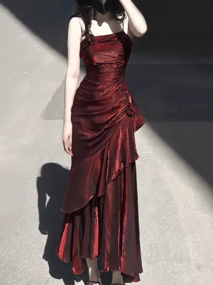 Vintage Burgundy Spaghetti Strap Ruffle Design Elegant A-line Evening Dress Prom Dress TP4112