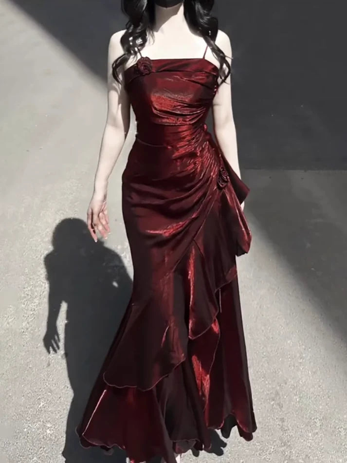 Vintage Burgundy Spaghetti Strap Ruffle Design Elegant A-line Evening Dress Prom Dress TP4112