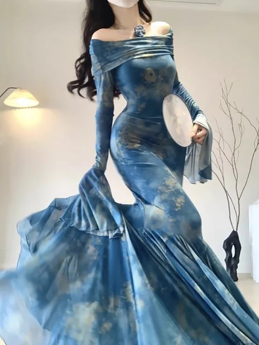 Vintage Blue Off-the-shoulder Floral Design Elegant Mermaid Chiffon Evening Dress Prom Dress TP4116