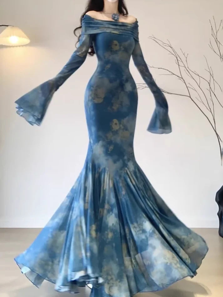 Vintage Blue Off-the-shoulder Floral Design Elegant Mermaid Chiffon Evening Dress Prom Dress TP4116