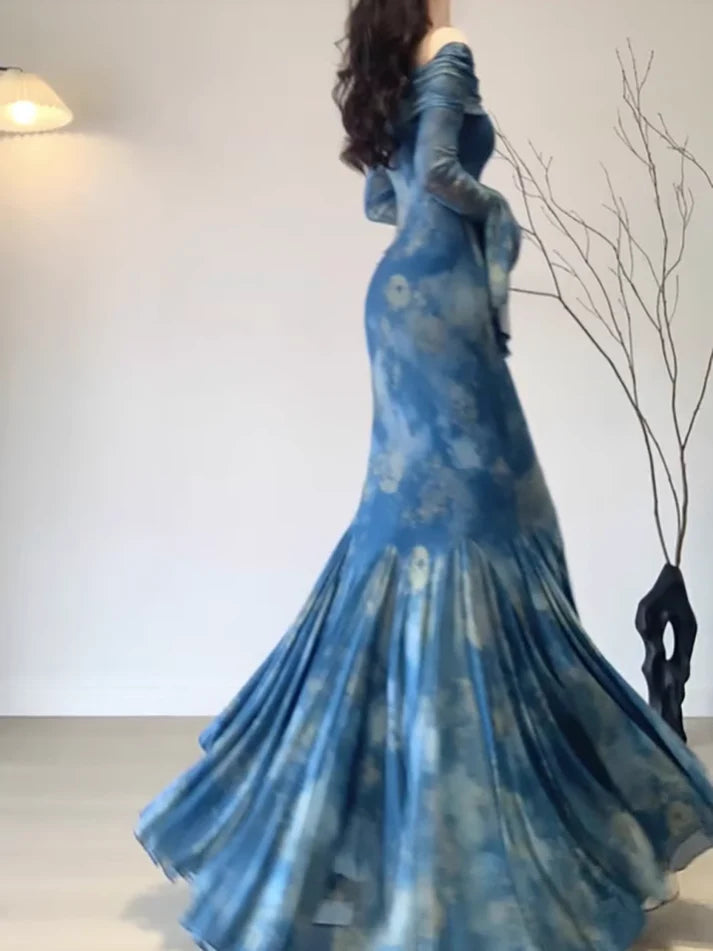 Vintage Blue Off-the-shoulder Floral Design Elegant Mermaid Chiffon Evening Dress Prom Dress TP4116