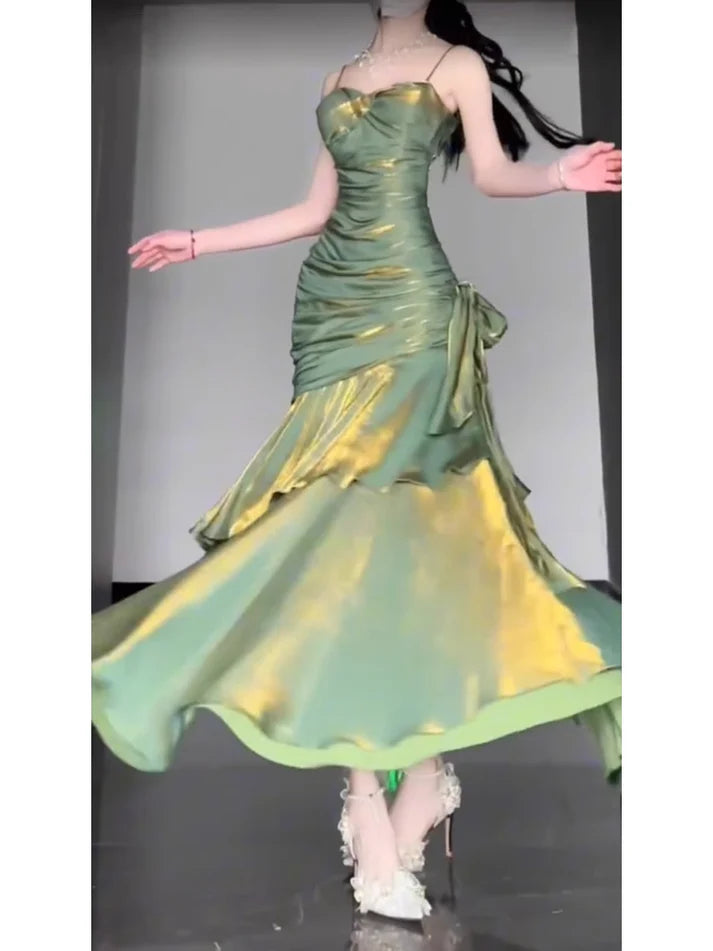 Vintage Green Spaghetti Strap Ruffle Design Elegant A-line Satin Evening Dress Prom Dress TP4114