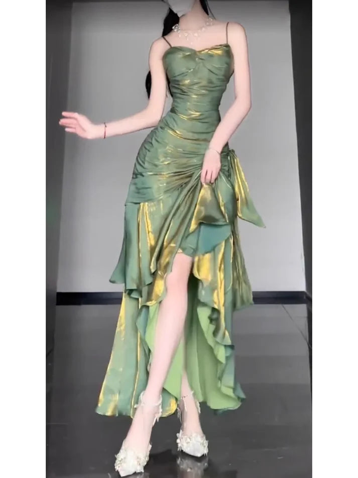 Vintage Green Spaghetti Strap Ruffle Design Elegant A-line Satin Evening Dress Prom Dress TP4114