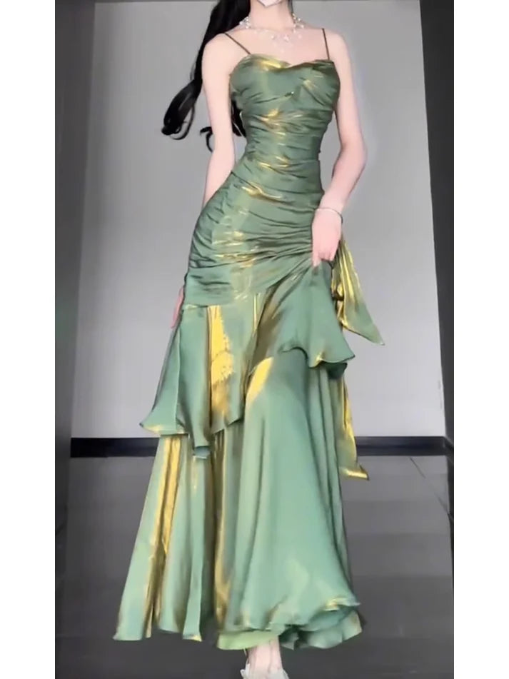 Vintage Green Spaghetti Strap Ruffle Design Elegant A-line Satin Evening Dress Prom Dress TP4114