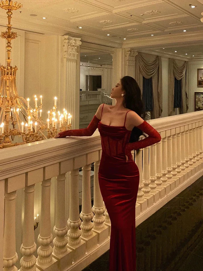 Vintage Red Spaghetti Strap Gloves Design Elegant Sheath Evening Dress Prom Dress TP4108