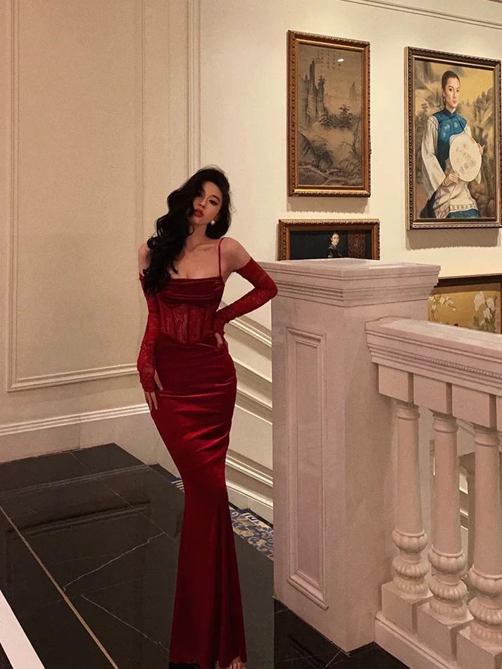 Vintage Red Spaghetti Strap Gloves Design Elegant Sheath Evening Dress Prom Dress TP4108