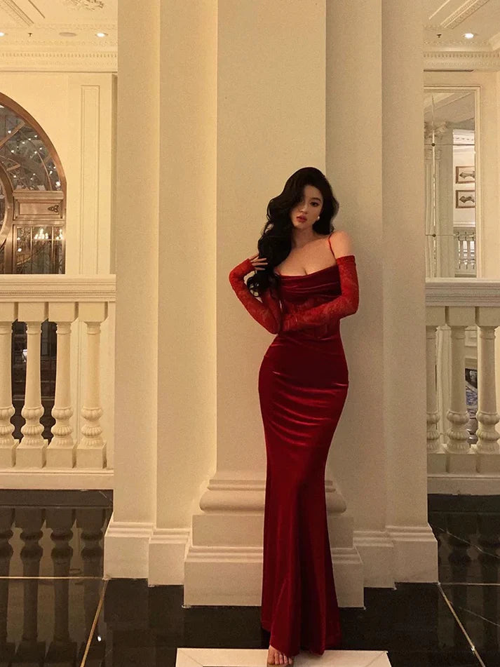 Vintage Red Spaghetti Strap Gloves Design Elegant Sheath Evening Dress Prom Dress TP4108