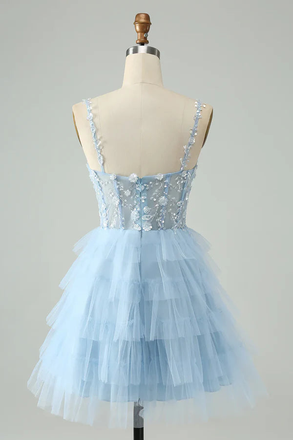 Vintage Light Blue Beaded Design Spaghetti Strap Short Homecoming Dresses TP3516