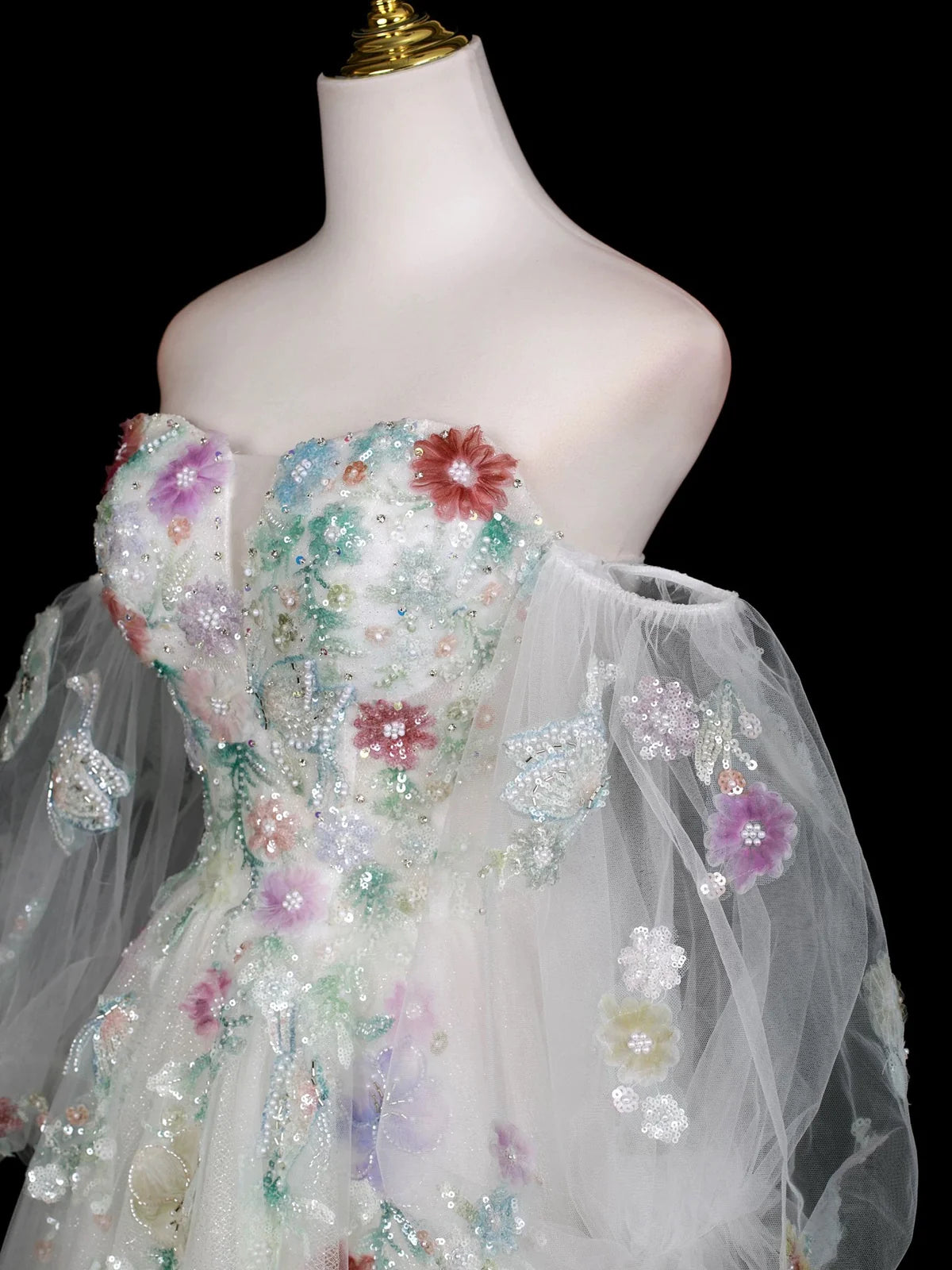 A-Line Long Sleeves Tulle White Long Prom Dress, White Long Graduation Dress TH017