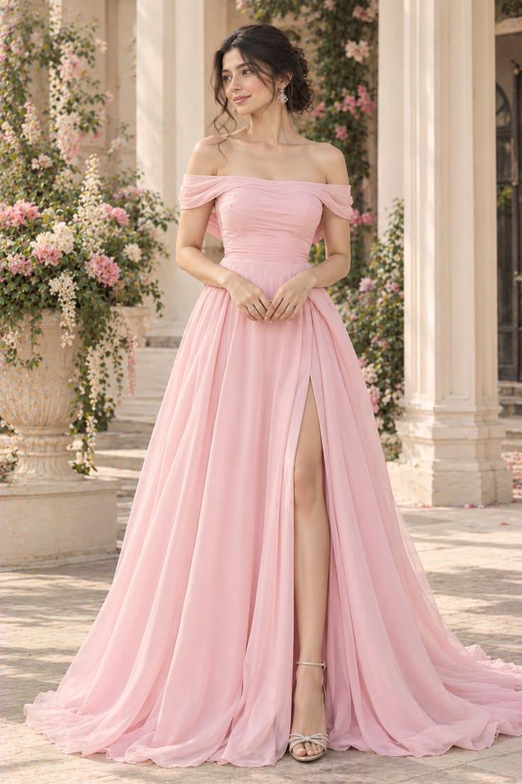 Elegant Pink Off-the-Shoulder A-line High Slit Tulle Long Prom Dress TH028