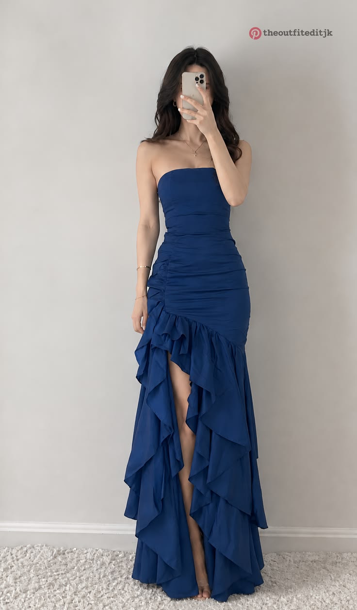 Elegant Blue Off-the-Shoulder Sheath High Slit Chiffon Long Prom Dress TH031