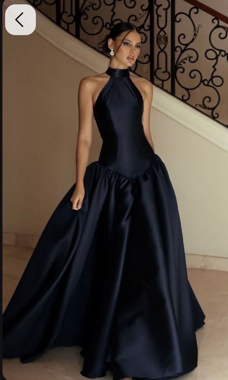 Elegant Halter Neck Black A-line Prom Dress Satin Evening Dress TH042
