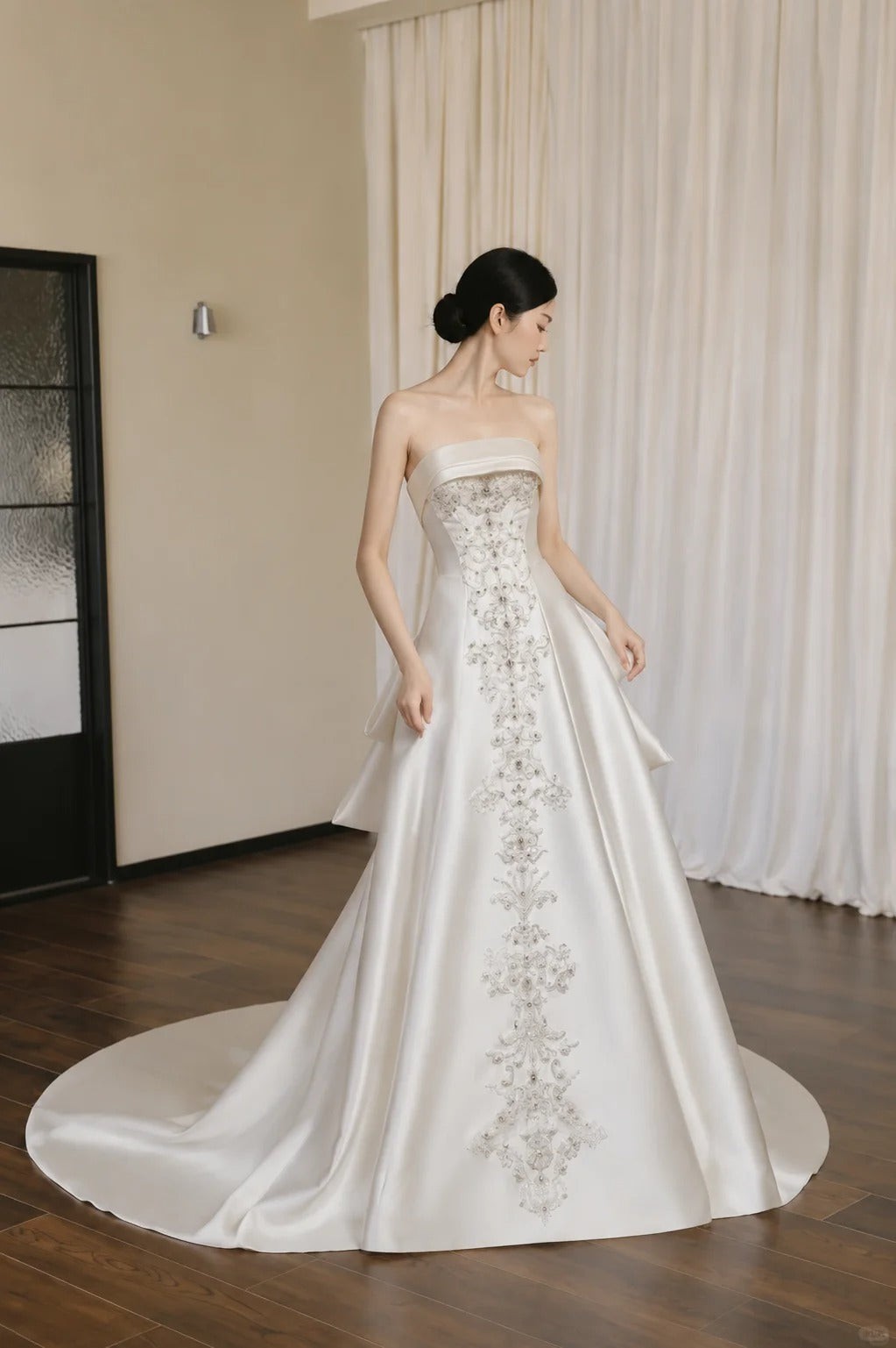 Elegant Off-the-Shoulder White A-line Prom Dress Satin Beaded Wedding Dress TH050