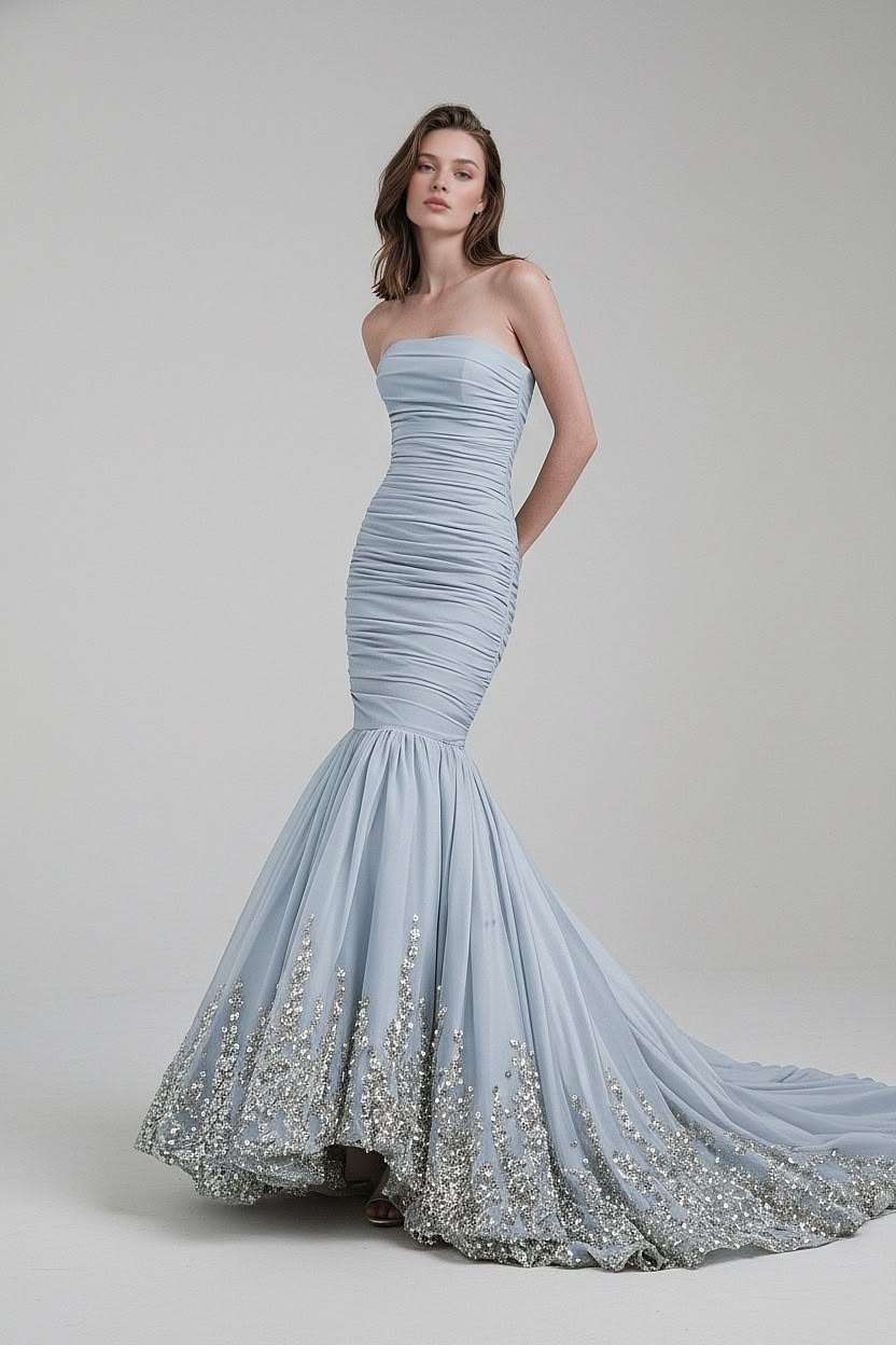 Ethereal Off-the-Shoulder Blue Prom Dress Mermaid Beaded Evening Dress TH059