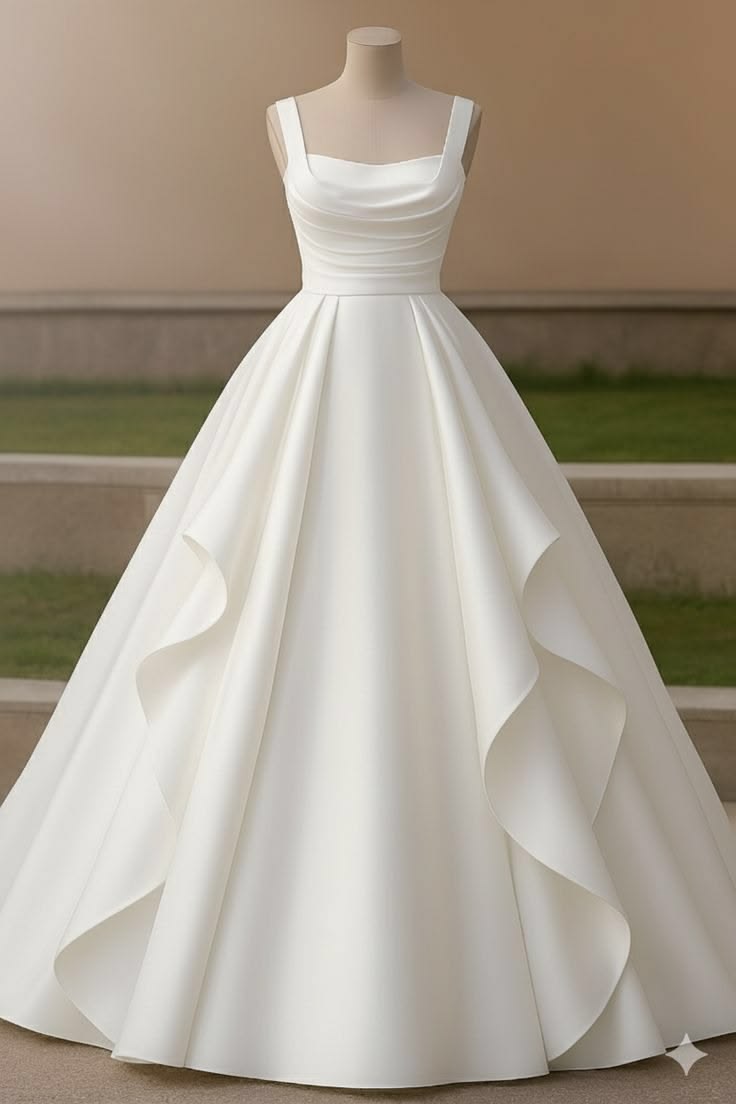 Elegant A-line White Square Neck Long Wedding Dress Satin Prom Dress TH066