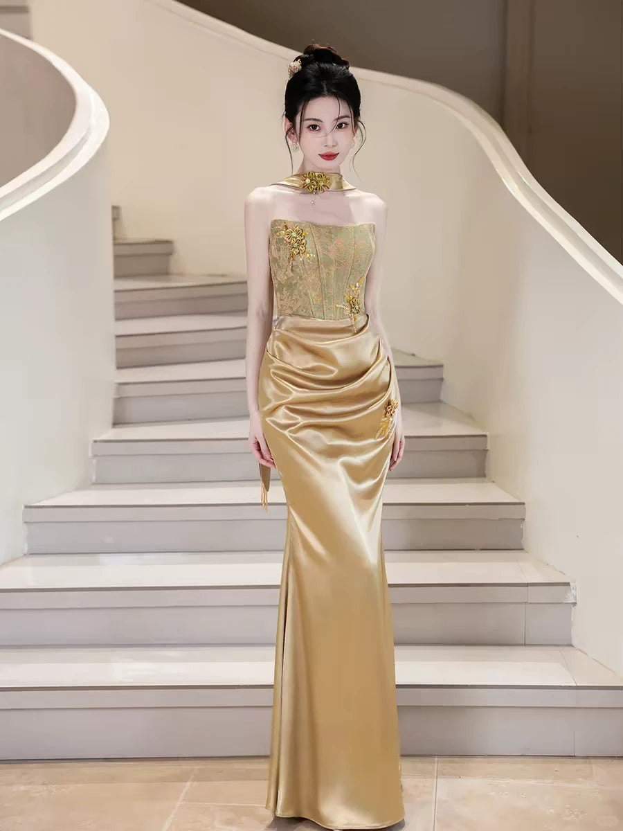 Chic Sheath Champagne Long Evening Dress Off-the-Shoulder Prom Dress TH078
