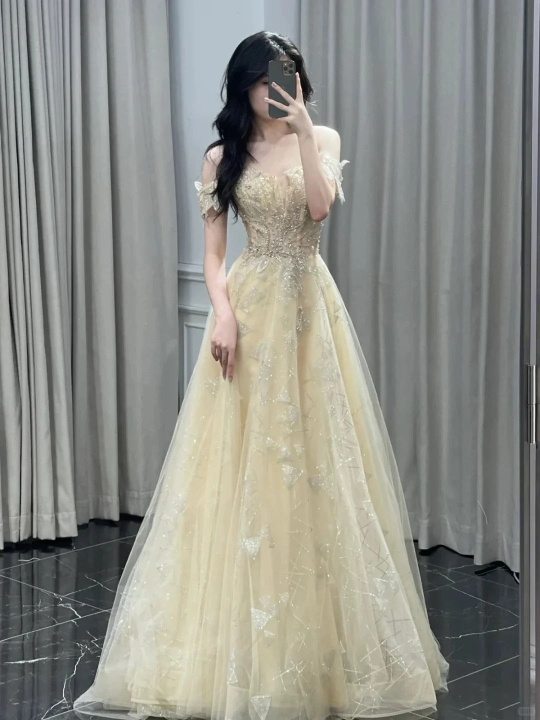 Chic A-line Yellow Long Evening Dress Off-the-Shoulder Sequins Lace Prom Dress TH082