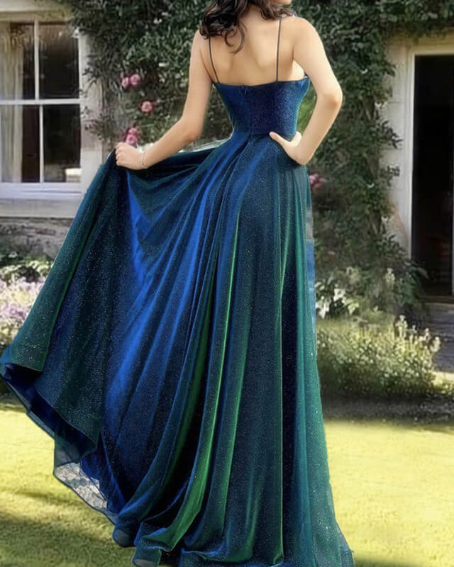 Ethereal A-line Blue Long Evening Dress Spaghetti Straps Tulle Prom Dress TH100