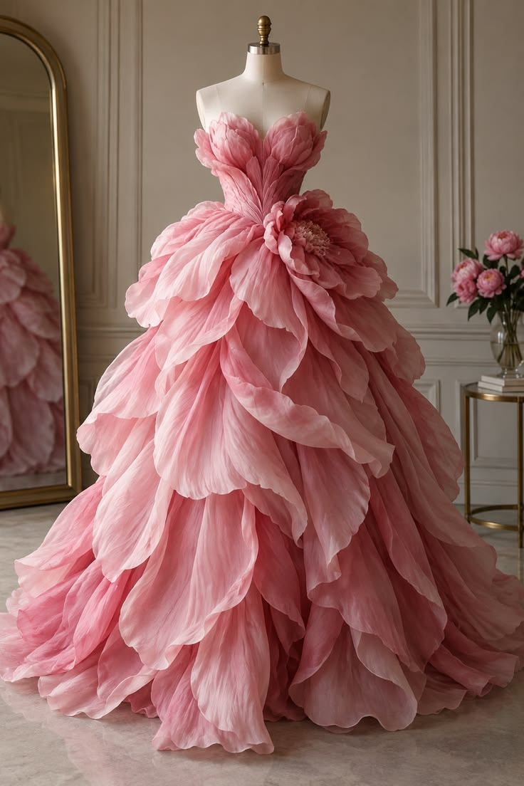 Elegant Ball Gown Pink Long Evening Dress Sweetheart Ruffled Prom Dress TH109