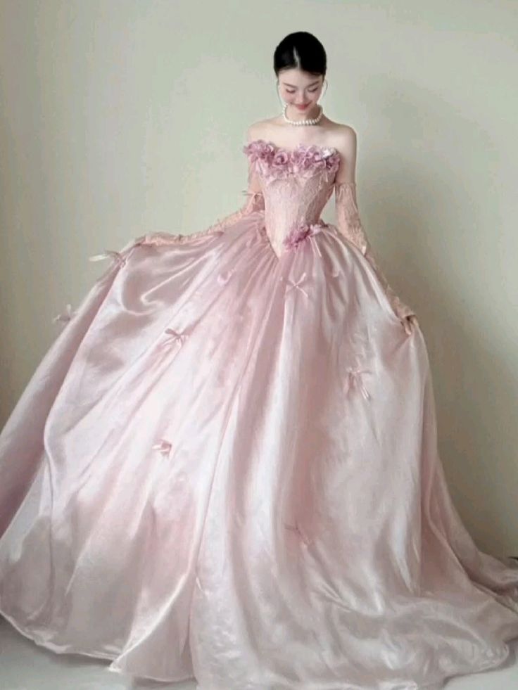 Elegant Ball Gown Pink Long Evening Dress Off-the-Shoulder Satin Prom Dress TH112