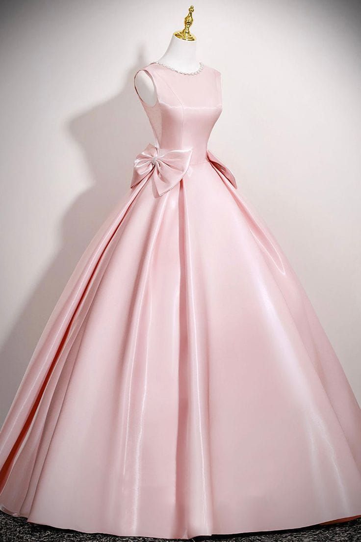 Elegant Ball Gown Pink Long Evening Dress Round Neck Satin Prom Dress TH114