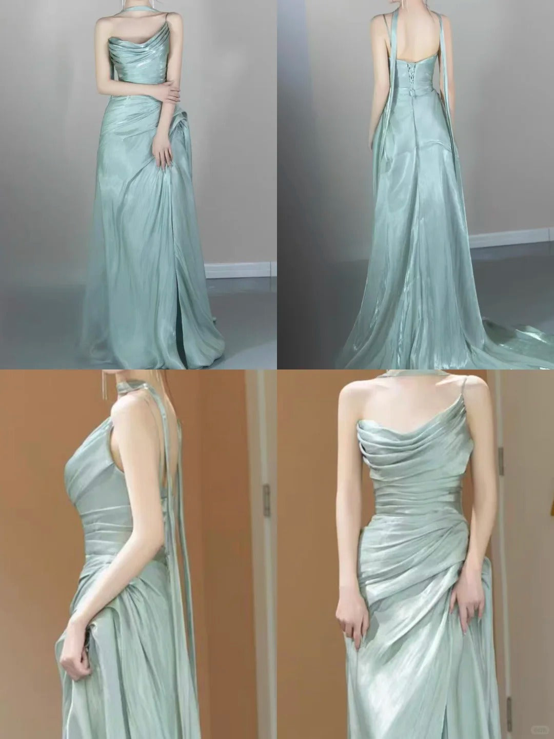 Elegant Sheath Green Long Evening Dress One-the-Shoulder Satin Pleated Prom Dress TH117