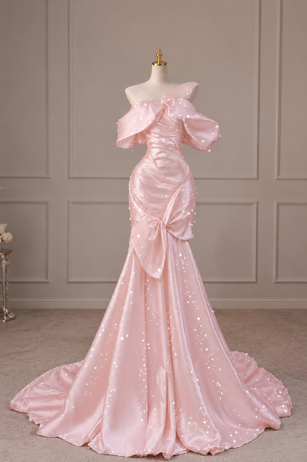 Elegant Mermaid Pink Long Evening Dress Off-the-Shoulder Satin Prom Dress TH123